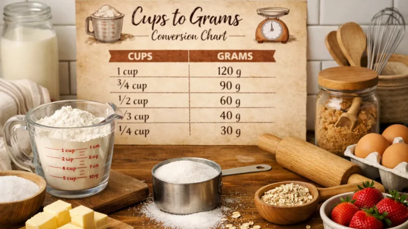 Kitchen Conversions for Baking (Cups to Grams Chart)